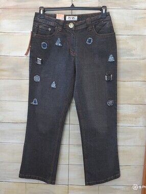 Y2K BQB women patch stitching black denim straight midrise jeans size 15 L  NWT